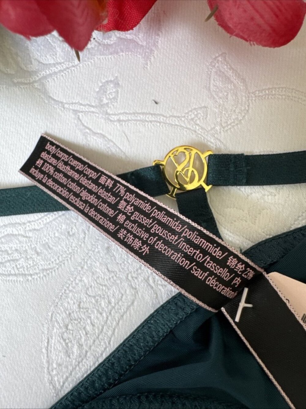 VICTORIA'S SECRET L GREEN GOLD CHARM VERY SEXY STRAPPY SILKY STRING PANTIES NWT - Picture 7 of 8